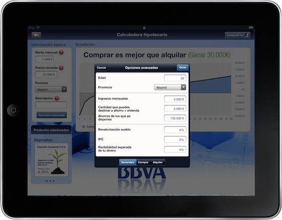 Se incluye un apartado con la situación inicial de partida, dígase cantidad de dinero disponible, previsiones de inflacion que realizamos, rentabilidad esperada de nuestros ahorros para el supuesto de alquiler y previsible evolución de nuestros ingresos mensuales